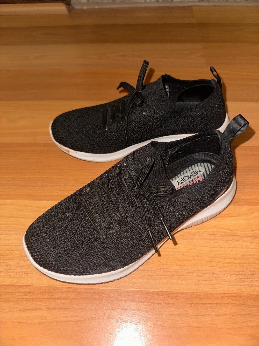 Skechers Women’s Black Knit Lace-Up Slip-On Sneakers with White Sole